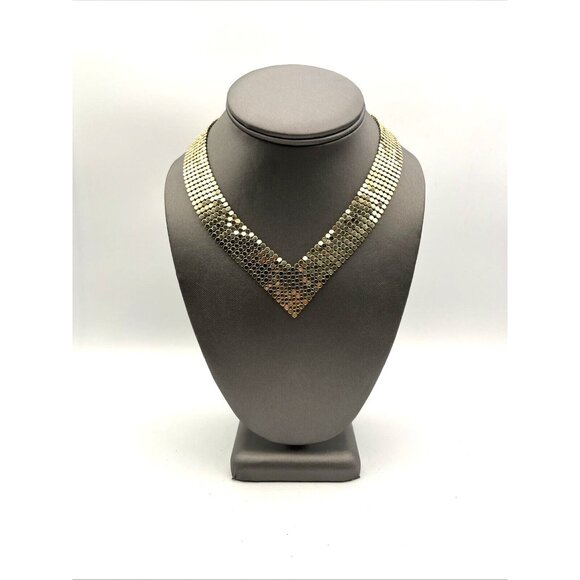 Vintage Mesh V Shaped Collar Necklace Gold Tone 16” - Picture 5 of 6